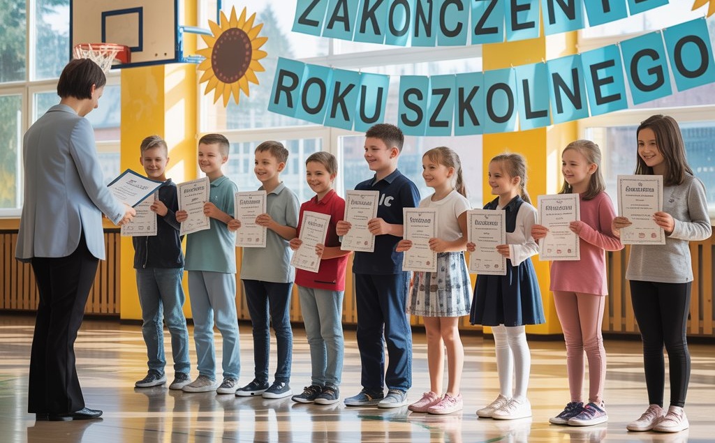 zaproszenie na uroczyste zakończenie roku szkolnego w dniu 27 czerwca o godzinie 9.00 w sali gimnastycznej